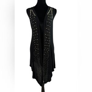 Vocal Black Long Vest with Rhinestone & Metal Studded Design, Size Large